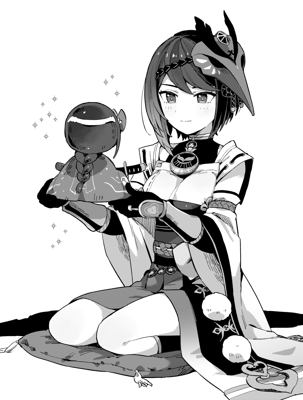 2girls black_gloves black_hair blush braid figure full_body genshin_impact gloves greyscale half-closed_eyes happy highres holding holding_toy japanese_clothes kujou_sara mask mask_on_head monochrome moyori multiple_girls pillow raiden_shogun seiza short_hair simple_background sitting smile sparkle tengu_mask toy vambraces white_background wide_sleeves