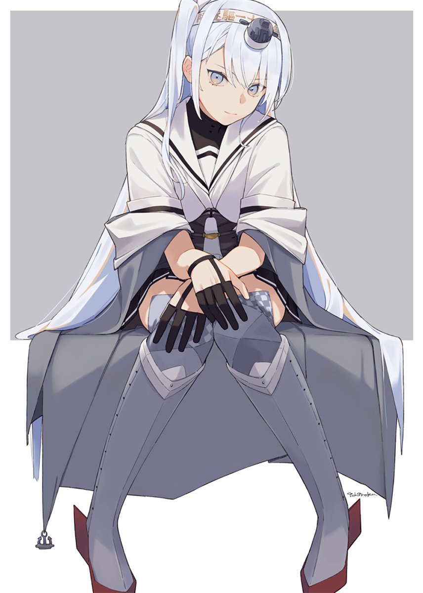 1girl black_gloves clothes_writing full_body fuyutsuki_(kancolle) gloves grey_background grey_eyes grey_neckerchief grey_shawl half_gloves headband highres ichiroku_(sakumogu-029) kantai_collection microskirt neckerchief one_side_up sailor_collar school_uniform serafuku shawl sitting skirt solo thigh-highs white_headband white_neckerchief white_sailor_collar