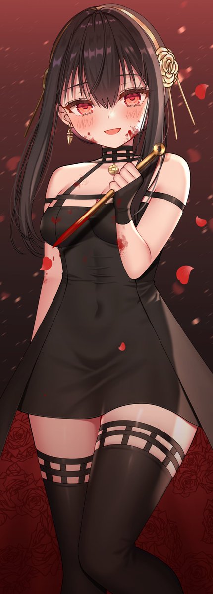 1girl black_dress black_hair black_legwear blood blood_on_arm blood_on_face blood_on_weapon blush breasts commentary_request cowboy_shot dagger dress earrings falling_petals flower gold_earrings gold_hairband hair_flower hair_ornament izumo_neru jewelry knife looking_at_viewer petals red_eyes reverse_grip rose short_hair_with_long_locks smile spy_x_family thigh-highs two-sided_dress two-sided_fabric weapon yor_briar