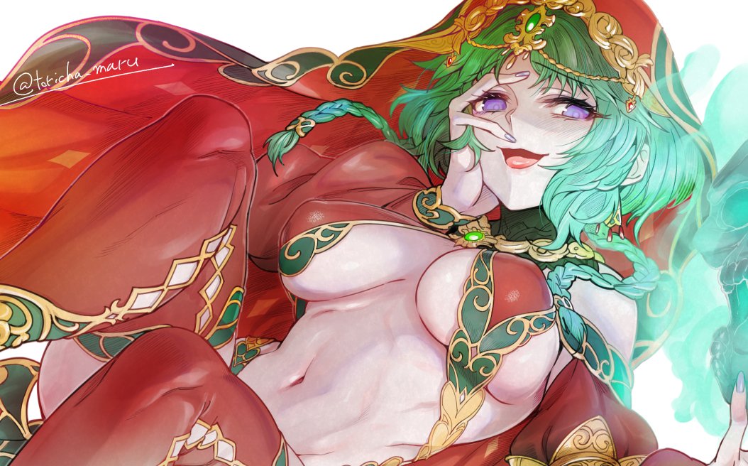 1girl bangs bare_shoulders bikini blush braid breasts detached_sleeves fate/grand_order fate_(series) fire green_fire green_hair halter_top halterneck highleg highleg_bikini large_breasts long_sleeves looking_at_viewer navel open_mouth parted_bangs puffy_long_sleeves puffy_sleeves red_bikini red_legwear salome_(fate) short_hair_with_long_locks sidelocks skull smile solo swimsuit thigh-highs thighs torichamaru twin_braids violet_eyes
