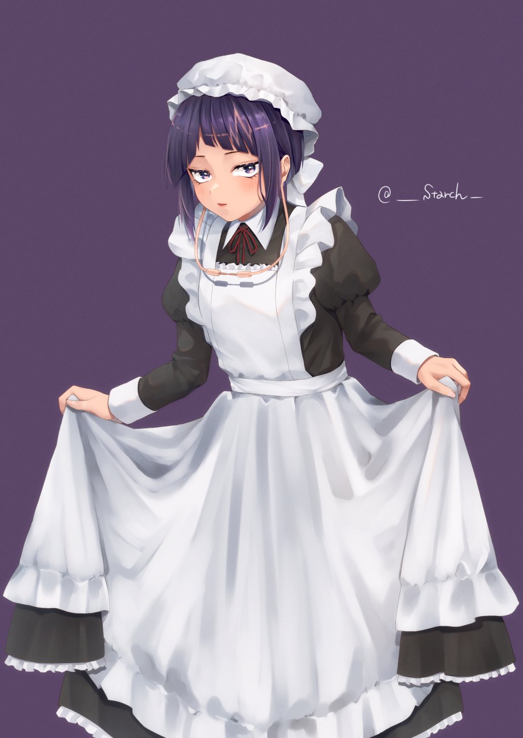 1girl apron blush boku_no_hero_academia breasts dress highres holding holding_clothes holding_dress jirou_kyouka long_dress long_sleeves looking_at_viewer maid maid_apron maid_day maid_headdress purple_background purple_hair short_hair simple_background small_breasts solo starch twitter_username violet_eyes