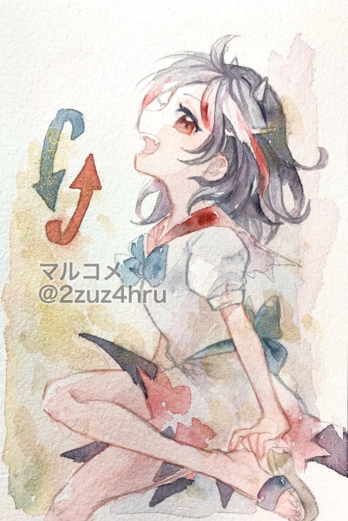 1girl 2zuz4hru artist_name black_hair commentary_request dress fangs horns kijin_seija painting_(medium) puffy_short_sleeves puffy_sleeves red_eyes short_hair short_sleeves simple_background slippers touhou traditional_media twitter_username watercolor_(medium) watermark white_background white_dress