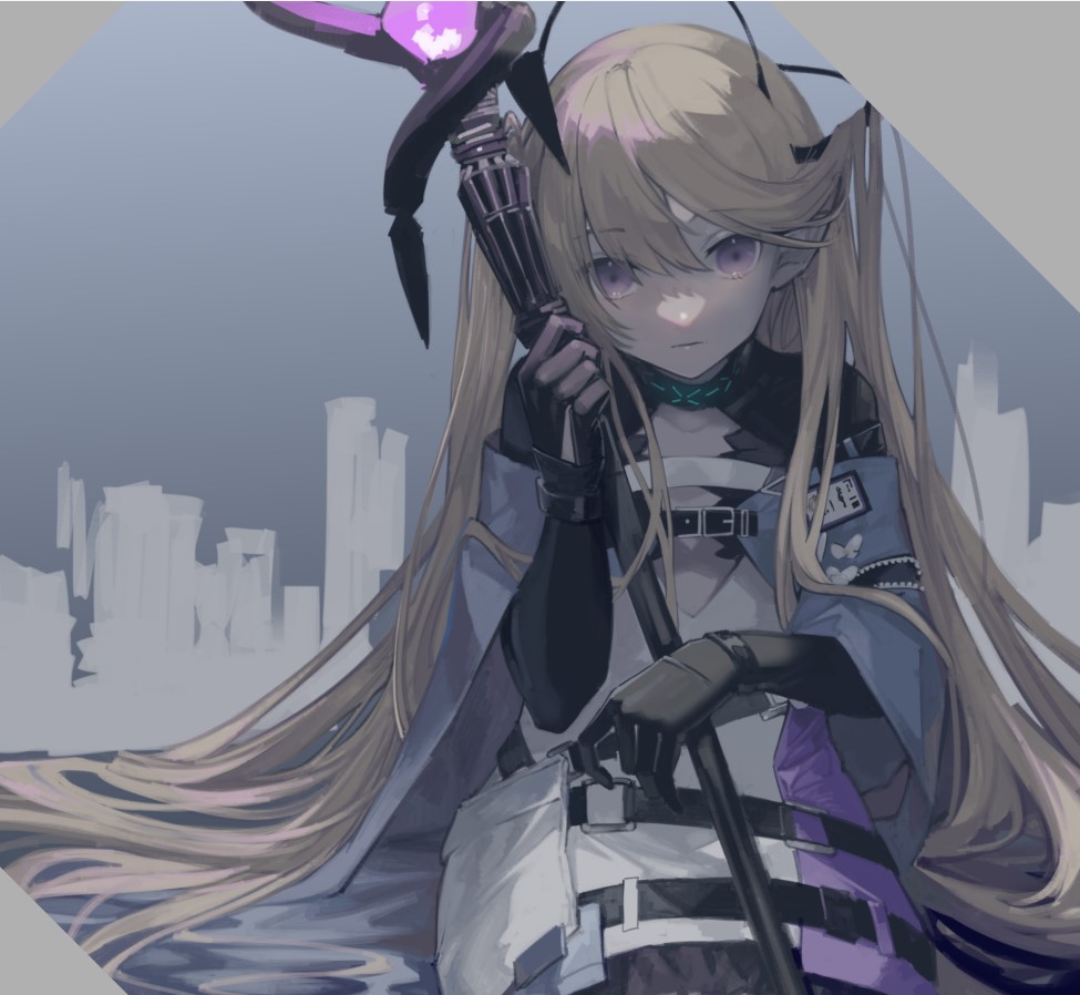 1girl arknights bangs brown_hair closed_mouth dress hair_ornament holding holding_staff indigo_(arknights) infection_monitor_(arknights) long_hair miike_(992058) purple_dress shrug_(clothing) sitting solo staff very_long_hair violet_eyes