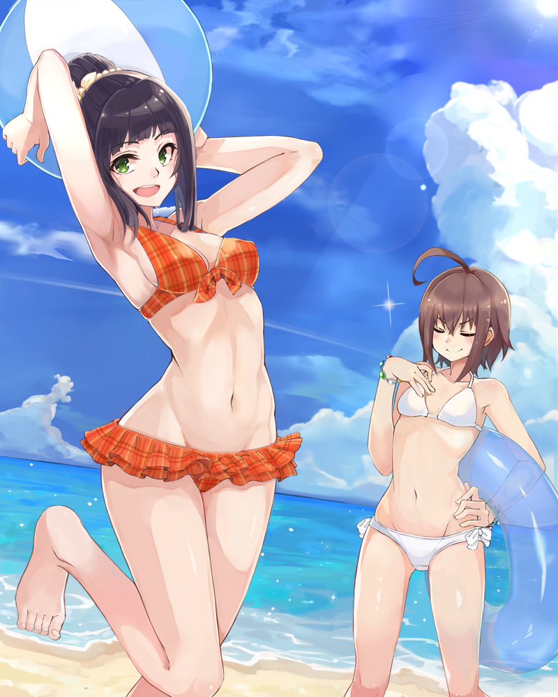 2girls ahoge arms_up ball bangs barefoot beachball bikini bikini_skirt black_hair blue_sky blunt_bangs bracer breasts brown_hair clouds cloudy_sky commentary crotch_seam day dutch_angle front-tie_bikini front-tie_top green_eyes groin hair_bun hair_ornament hair_scrunchie halterneck hamaguchi_ayame hand_on_hip hand_on_own_chest holding holding_ball holding_innertube horizon idashige_(walkietalkie) idolmaster idolmaster_cinderella_girls innertube leg_up looking_at_viewer multiple_girls navel ocean open_mouth orange_bikini plaid plaid_bikini scrunchie short_hair side-tie_bikini sidelocks sky small_breasts smile sparkle standing standing_on_one_leg swimsuit wakiyama_tamami white_scrunchie