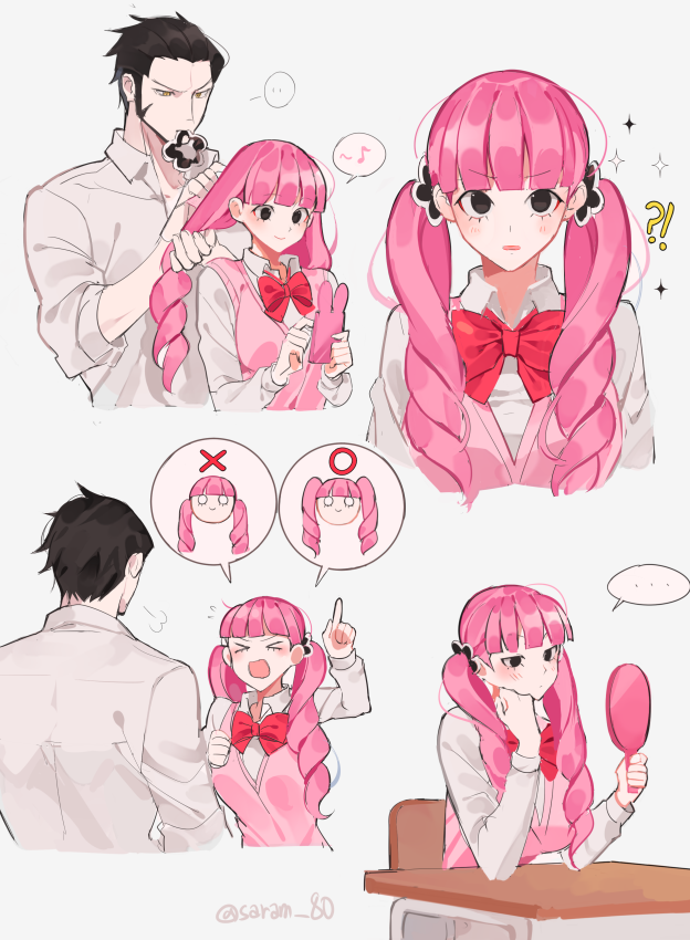 !? &gt;_&lt; ... 1boy 1girl adjusting_another's_hair alternate_costume angry black_eyes black_hair blush bow bowtie breasts desk drill_hair grey_background hand_mirror joman large_breasts long_hair mirror mouth_hold multiple_views musical_note one_piece perona pink_hair pink_vest pointing pointing_up red_bow school_desk shirt speech_bubble spoken_ellipsis spoken_musical_note twin_drills twintails twitter_username vest white_shirt