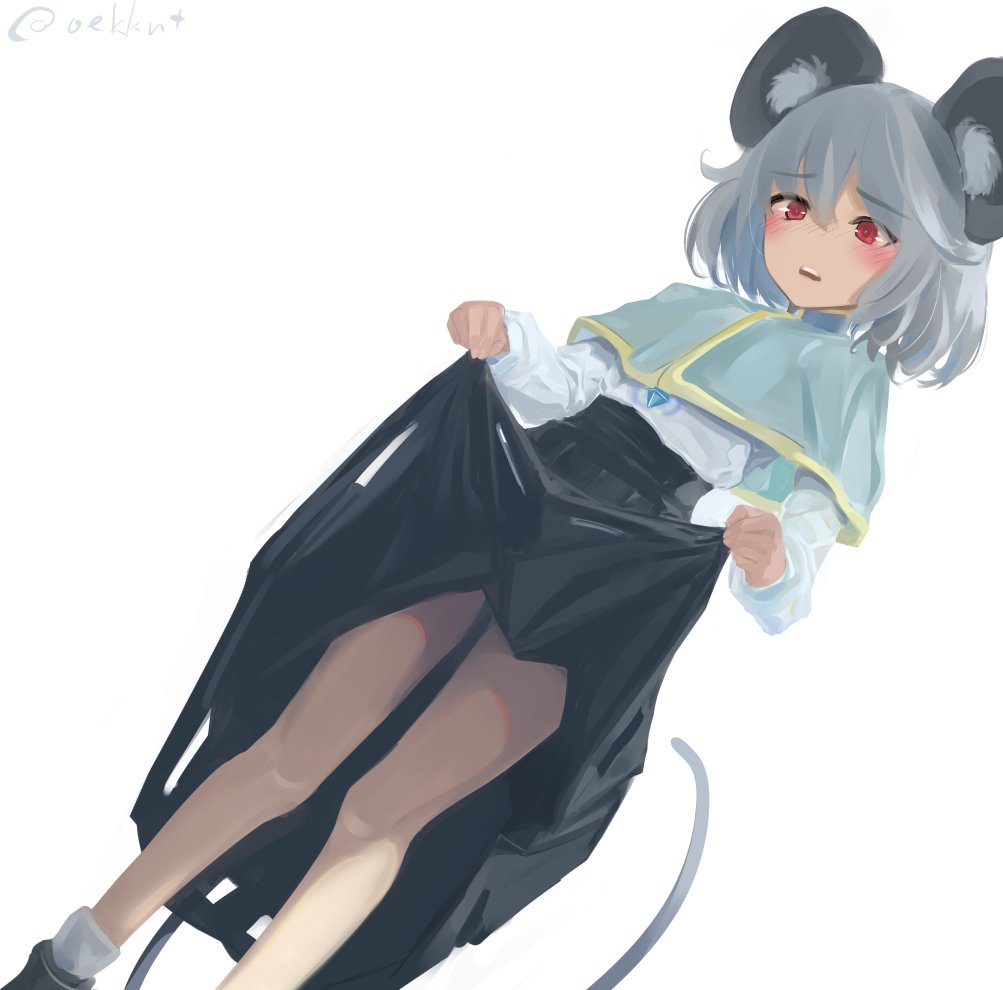1girl animal_ears bangs black_footwear black_skirt blush capelet clothes_lift d: dutch_angle eyebrows_visible_through_hair feet_out_of_frame from_below full_body grey_hair jewelry kakedashi lifted_by_self long_sleeves looking_down mouse_ears mouse_tail nazrin red_eyes shirt short_hair skirt skirt_lift solo standing tail touhou twitter_username white_background white_shirt
