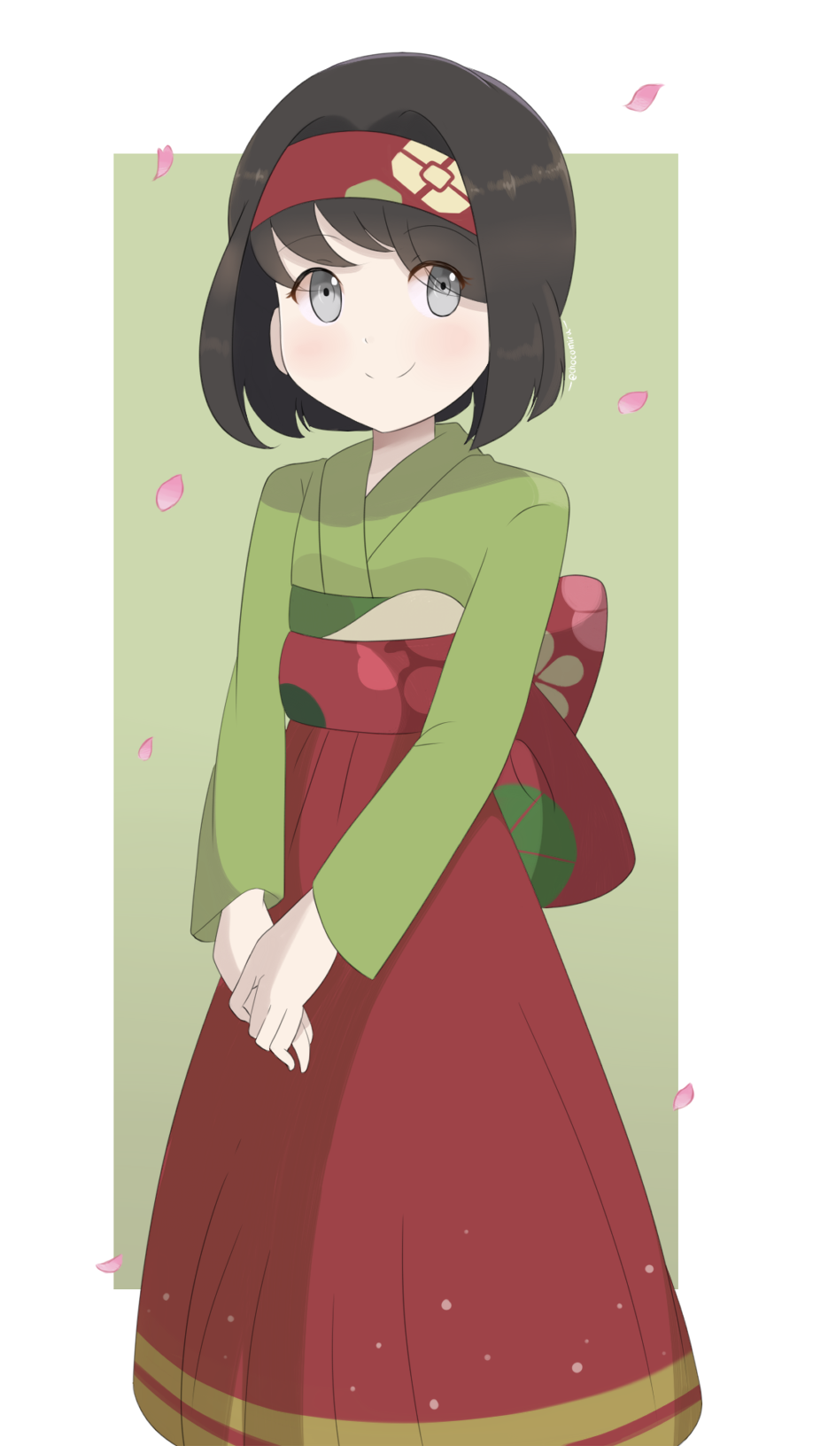 1girl bangs black_hair blurry blush chocomiru closed_mouth commentary erika_(pokemon) eyelashes green_kimono grey_eyes hairband hakama hakama_skirt happy highres japanese_clothes kimono long_sleeves looking_at_viewer medium_hair parted_lips petals pokemon pokemon_(game) pokemon_frlg pokemon_lgpe red_hakama skirt smile solo teeth