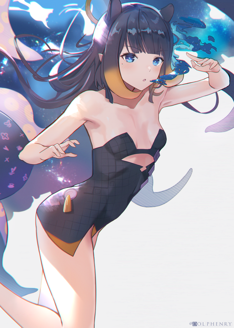 1girl black_dress blue_eyes breasts cutout_above_navel dolphenry dress error eyebrows_visible_through_hair halo highres hololive hololive_english mole mole_under_eye ninomae_ina'nis parted_lips pointy_ears purple_hair short_dress small_breasts strapless strapless_dress tentacle_hair tentacles tube_dress twitter_username virtual_youtuber