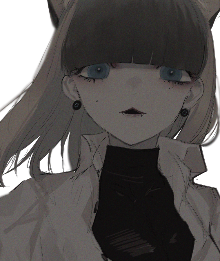 1girl bangs black_sweater blue_eyes blunt_bangs brown_hair earrings eyelashes fangs fangs_out jewelry long_hair looking_at_viewer mole mole_under_eye multicolored_hair narue original parted_lips solo sweater transparent_background turtleneck turtleneck_sweater two-tone_hair wing_collar