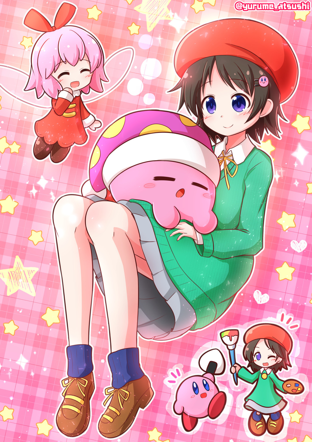 1boy 2girls adeleine black_hair blue_eyes fairy fairy_wings food hat highres kirby kirby_(series) kirby_64 multiple_girls onigiri paintbrush pink_hair ribbon_(kirby) wings yurume_atsushi