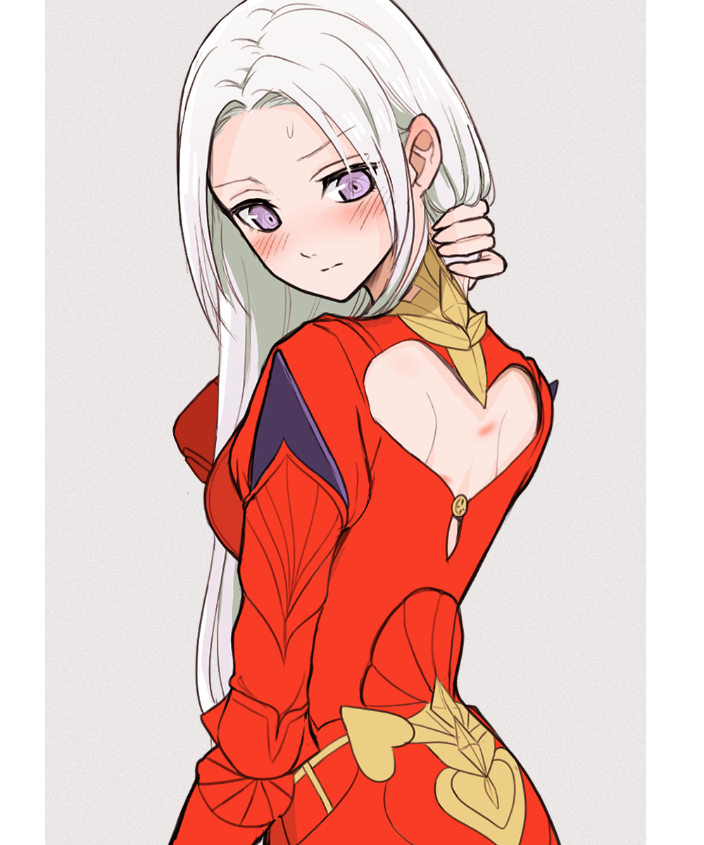 1girl back_cutout blush bruise clothing_cutout dress edelgard_von_hresvelg eyebrows_visible_through_hair fire_emblem fire_emblem:_three_houses grey_background highres holding holding_hair injury long_hair long_sleeves looking_back nieto_tokage red_dress simple_background solo sweatdrop violet_eyes white_hair