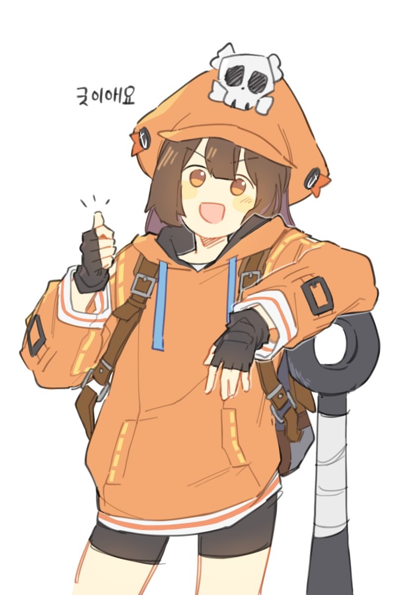 1girl backpack bag bandages black_gloves blush blush_stickers brown_bag brown_hair eyebrows_visible_through_hair fingerless_gloves gloves grey_background guilty_gear hannim_7h hat_ornament highres hood hood_down hoodie leaning leaning_on_object long_hair looking_at_viewer may_(guilty_gear) open_mouth orange_headwear orange_hoodie simple_background skull skull_hat_ornament solo thumbs_up