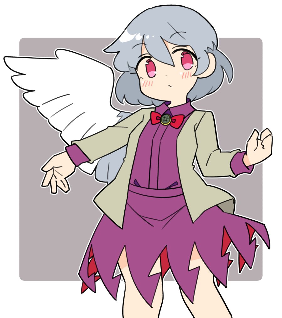 1girl bangs bow bowtie closed_mouth dress eyebrows_visible_through_hair feet_out_of_frame grey_background grey_hair grey_jacket ini_(inunabe00) jacket kishin_sagume long_sleeves looking_at_viewer outside_border purple_dress red_bow red_bowtie red_eyes short_hair single_wing solo standing touhou white_wings wings