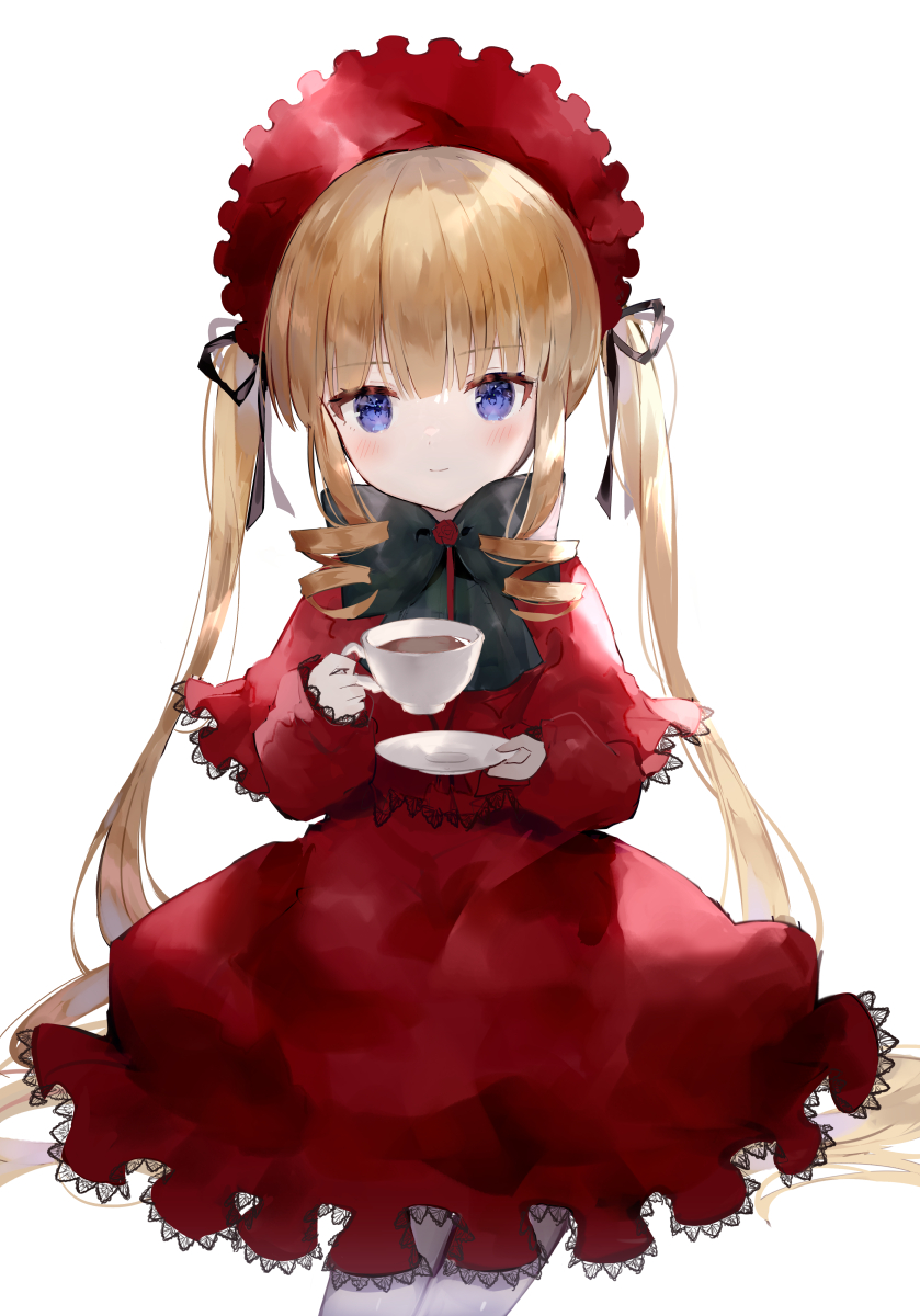 1girl bangs blonde_hair blue_eyes capelet closed_mouth cup dress drill_locks eyebrows_visible_through_hair headdress highres holding holding_cup lolita_fashion long_hair long_sleeves looking_at_viewer red_capelet red_dress rozen_maiden shinku simple_background solo teacup toufu_mentaru_zabuton twintails violet_eyes white_background