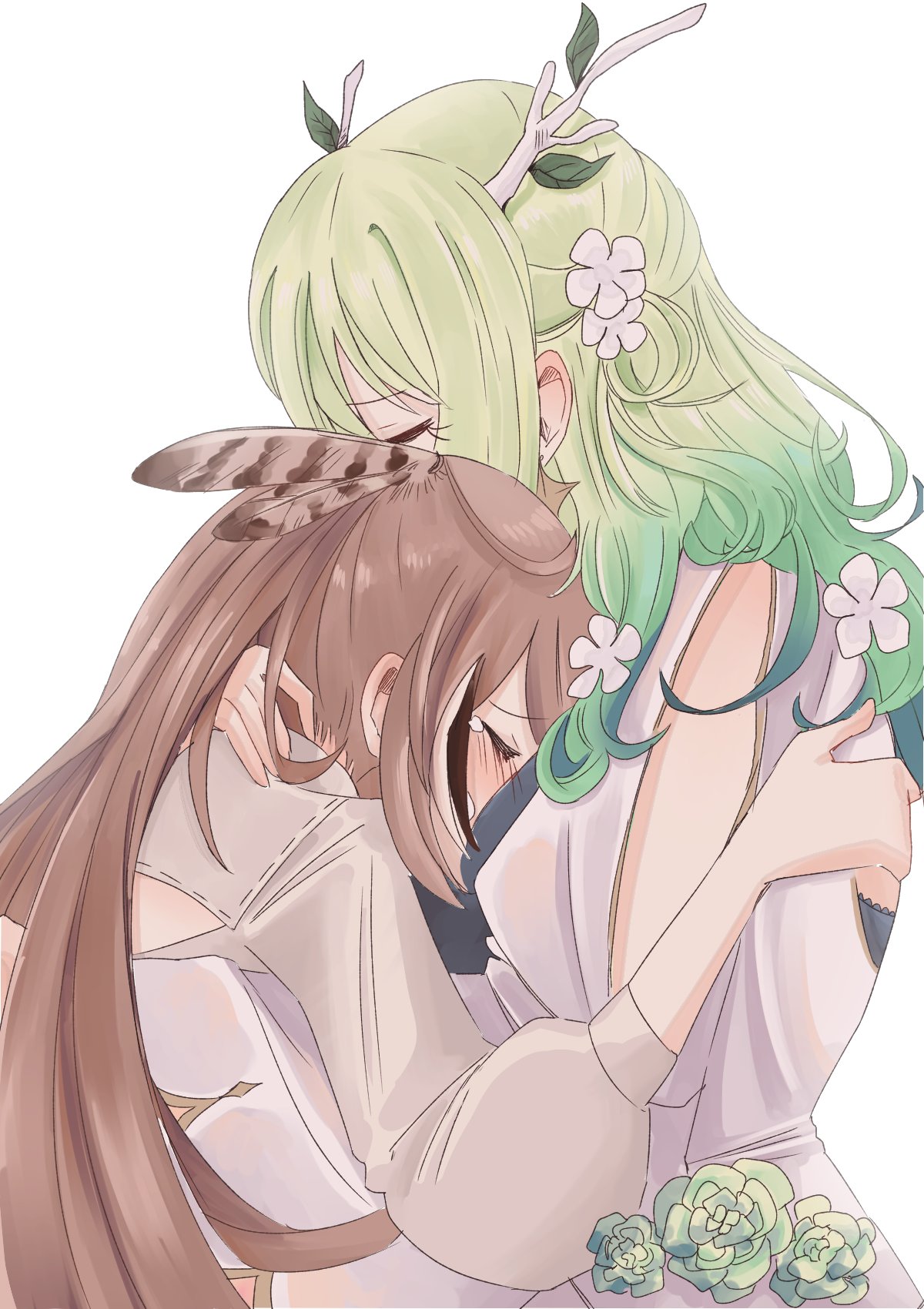 2girls ahoge antlers back_cutout bangs braid braided_bangs branch brown_hair ceres_fauna closed_eyes clothing_cutout crying detached_sleeves dress feather_hair_ornament feathers flower green_hair hair_flower hair_ornament highres hololive hololive_english hug long_hair multicolored_hair multiple_girls nanashi_mumei ponytail shirt streaked_hair very_long_hair virtual_youtuber white_dress white_shirt yorobisan yuri