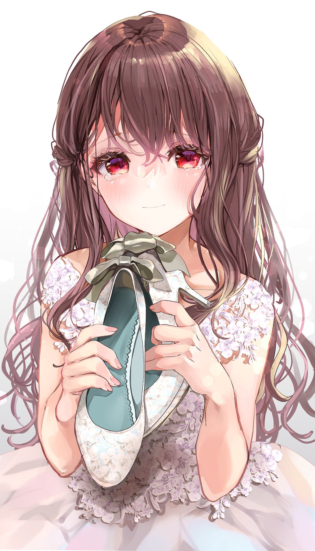 1girl :| bare_shoulders blush braid brown_hair closed_mouth dress highres long_hair looking_at_viewer nail_polish original puracotte red_eyes ribbon shoes simple_background sleeveless solo teardrop tears very_long_hair white_background white_dress