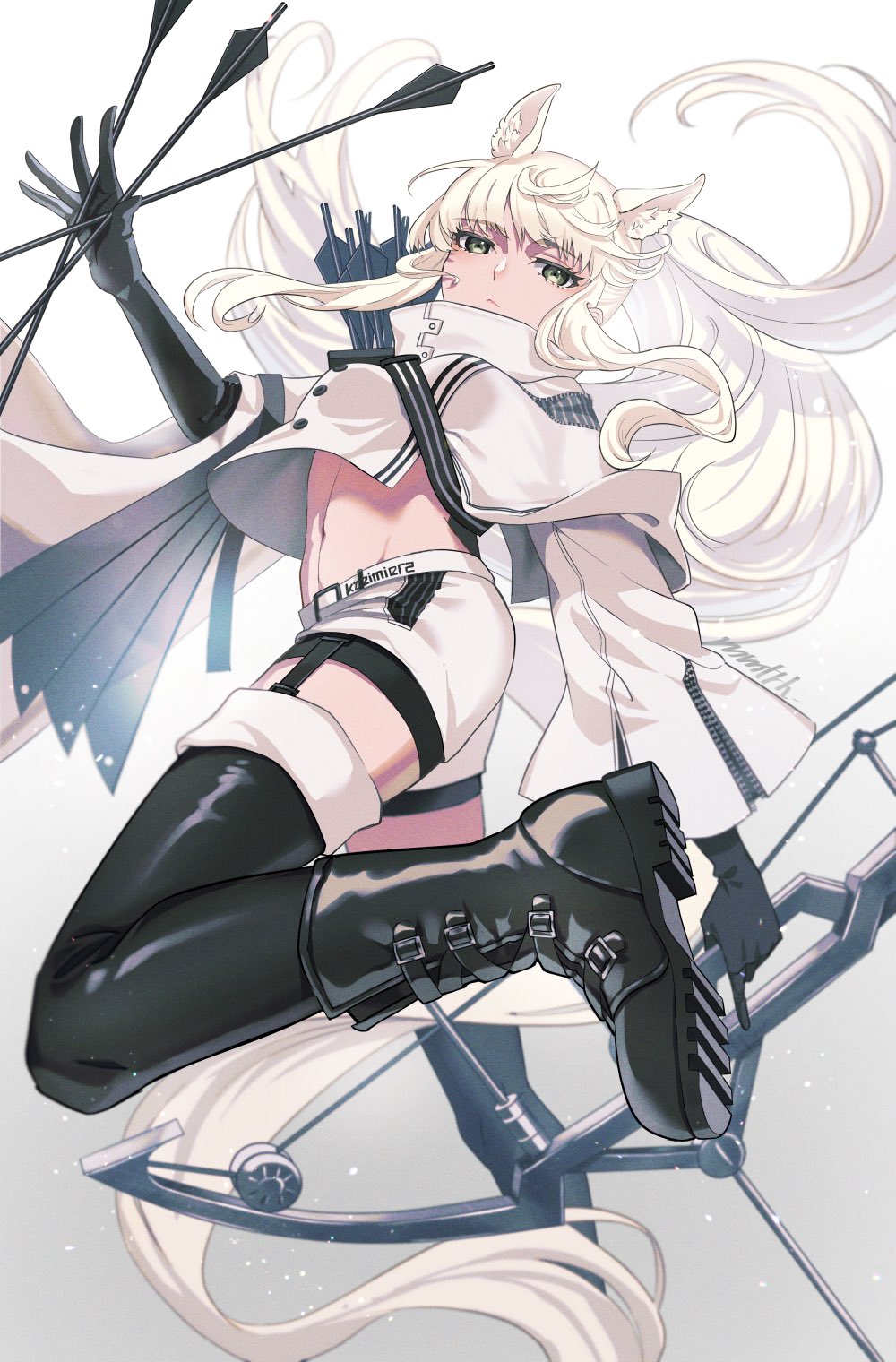 1girl animal_ears arknights arrow_(projectile) black_footwear black_gloves black_legwear boots bow_(weapon) compound_bow cropped_jacket elbow_gloves garter_straps gloves green_eyes highres holding holding_arrow horse_ears horse_girl horse_tail long_hair long_sleeves looking_at_viewer memetaroh midriff navel platinum_(arknights) ponytail quiver shorts sidelocks simple_background solo tail thigh-highs weapon white_background white_shorts
