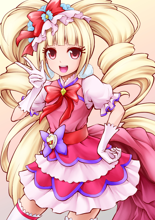 1girl aisaki_emiru blonde_hair cure_macherie dress earrings eyebrows_behind_hair eyeshadow frills gloves hair_ornament heart_pouch hugtto!_precure jewelry looking_at_viewer makeup open_mouth pink_dress pom_pom_(clothes) pom_pom_earrings precure puffy_short_sleeves puffy_sleeves red_ribbon ribbon sash shirt short_sleeves sleeveless sleeveless_dress smile solo ten_(tenchan_man) thigh-highs twintails white_gloves white_legwear white_shirt