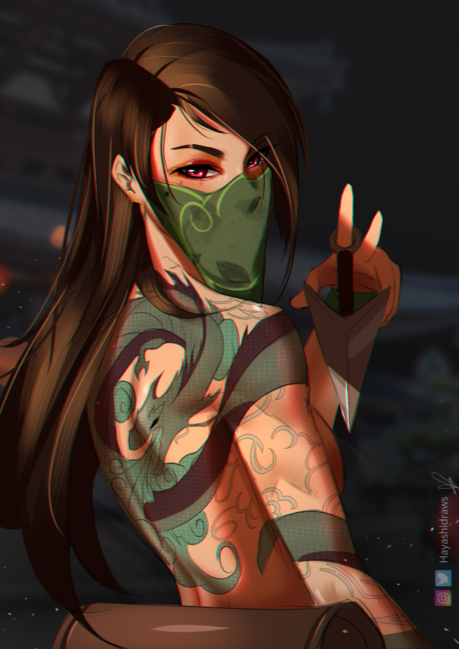 1girl akali arm_tattoo artist_name back back_tattoo black_hair breasts dagger dragon_tattoo english_commentary green_mask hair_down hand_up hayashidraws highres holding holding_dagger holding_knife holding_weapon instagram_logo knife kunai league_of_legends light_particles long_hair looking_back mask medium_breasts mouth_mask night night_sky red_eyes sideboob sky solo tattoo topless twitter_logo upper_body weapon