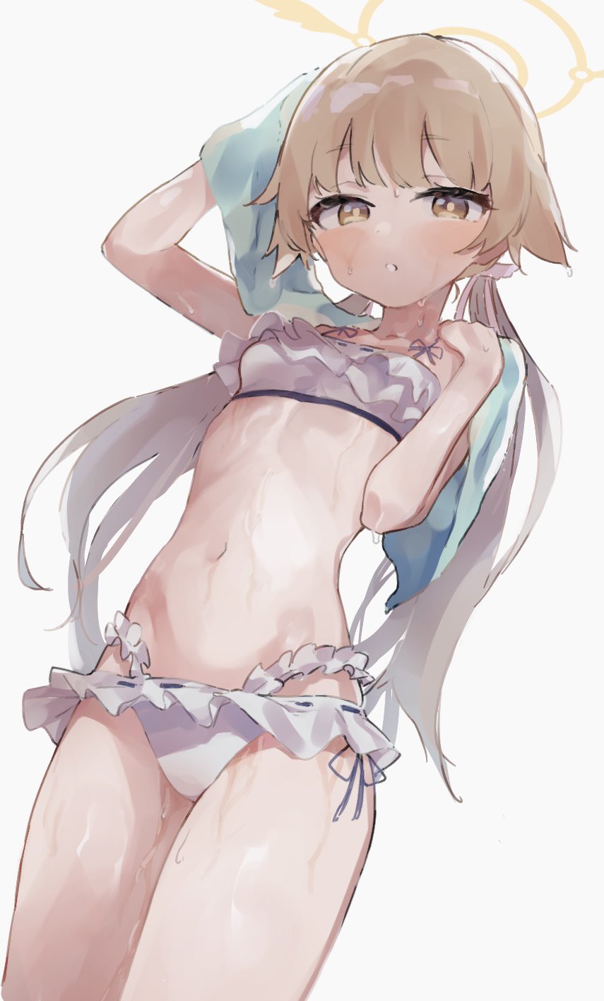 1girl bikini blue_archive breasts epi_zero frilled_bikini frills hair_flaps halo hifumi_(blue_archive) hifumi_(swimsuit)_(blue_archive) highres light_brown_hair long_hair looking_at_viewer low_twintails navel official_alternate_costume parted_lips ribbon-trimmed_bikini ribbon_trim simple_background small_breasts solo swimsuit towel twintails wet white_background white_bikini yellow_eyes