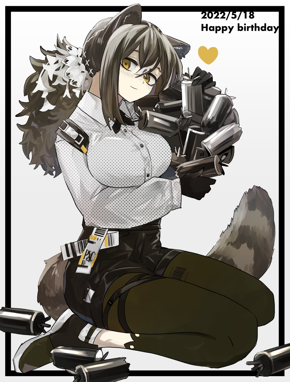 1girl animal_ears animal_hands arknights black_border black_ribbon black_shorts border breasts brown_hair collared_shirt dated explosive freckles full_body green_legwear hair_between_eyes happy_birthday heart highres holding iwashi_80 large_breasts legwear_under_shorts long_hair long_sleeves looking_at_viewer mine_(weapon) multicolored_hair neck_ribbon outside_border pantyhose ponytail raccoon_ears raccoon_girl raccoon_tail ribbon robin_(arknights) seiza shirt shorts simple_background sitting smile solo streaked_hair tail white_background white_hair white_shirt yellow_eyes