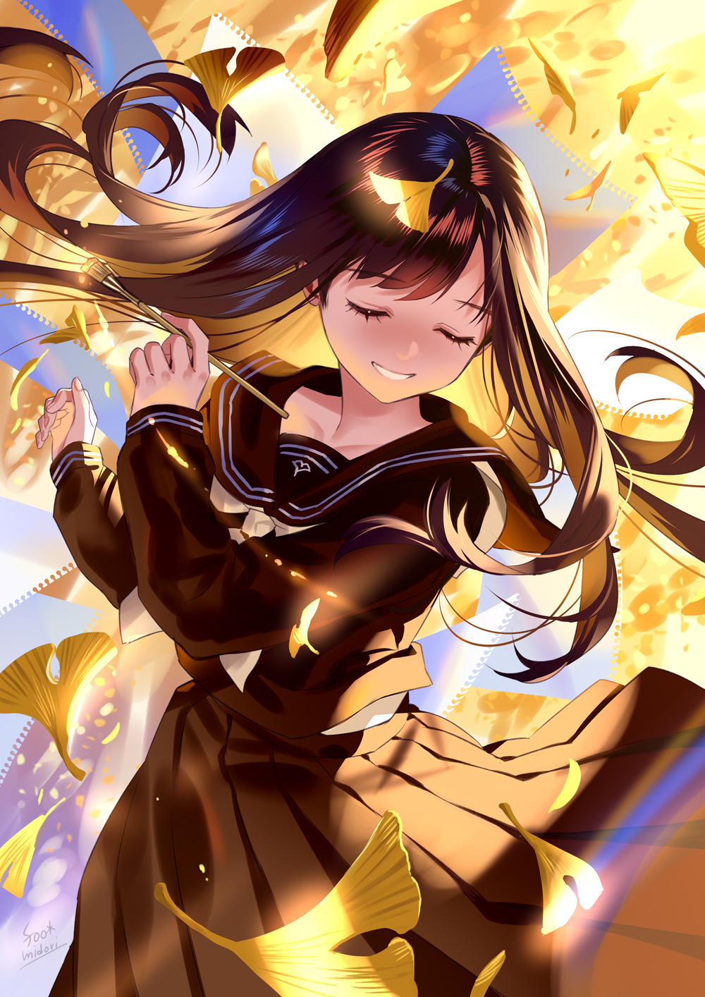 1girl autumn bangs banned_artist black_hair black_serafuku closed_eyes eyebrows_visible_through_hair facing_viewer floating_hair ginkgo ginkgo_leaf grin highres holding holding_paintbrush long_hair long_sleeves midori_foo original paintbrush pleated_skirt school_uniform serafuku signature skirt smile solo sunset swept_bangs very_long_hair watermark