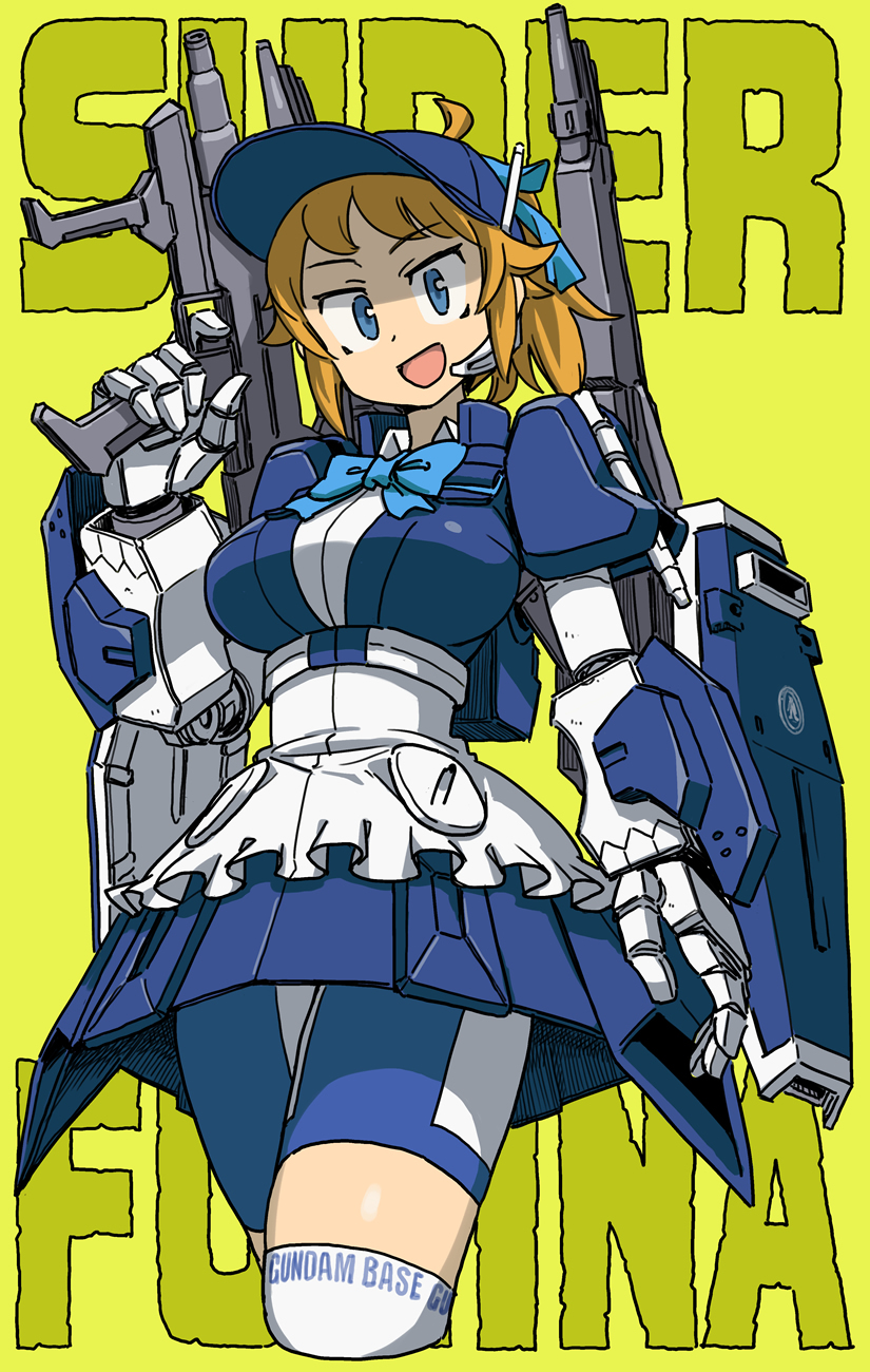 1girl armor armored_dress bangs bike_shorts blue_bow blue_bowtie blue_headwear blue_ribbon bow bowtie breasts character_name clothes_writing cropped_legs dress english_commentary gundam gundam_build_fighters hair_ribbon hat headset highres holding holding_weapon large_breasts looking_at_viewer mecha_musume mizuno_(okn66) open_mouth orange_hair ribbon simple_background solo super_fumina weapon yellow_background