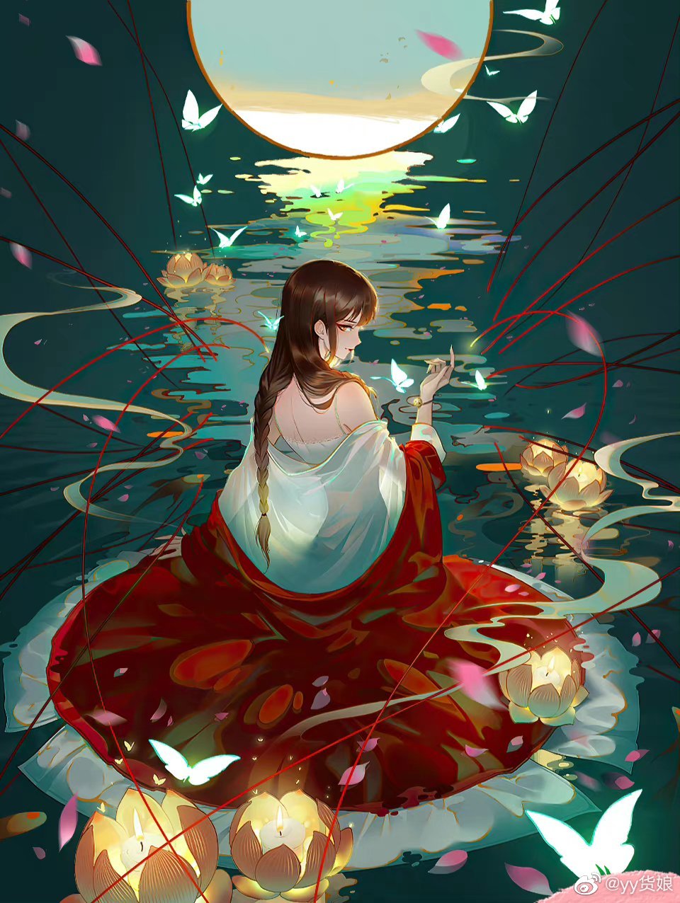1girl back braid brown_hair bug butterfly camisole flower highres hundred_demon_spectrum jacket looking_back lotus moon red_jacket sitting solo tao_yao_(hundred_demon_spectrum) thread twin_braids water yyhuoniang