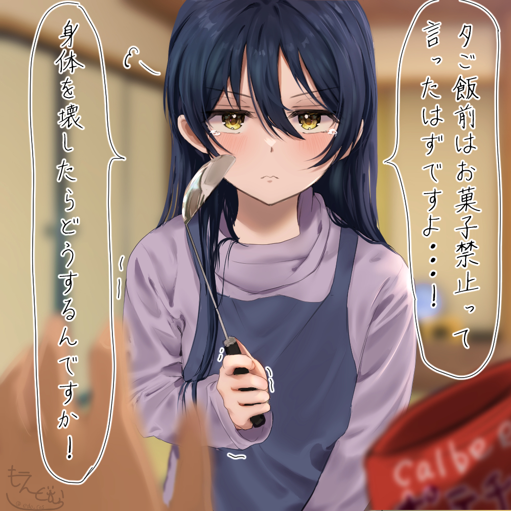 1girl apron bangs blue_hair blush commentary_request eyebrows_visible_through_hair frown holding holding_ladle ladle long_hair long_sleeves looking_at_viewer love_live! love_live!_school_idol_project pov pov_hands sirowanwan solo_focus sonoda_umi swept_bangs tearing_up translation_request v-shaped_eyebrows yellow_eyes