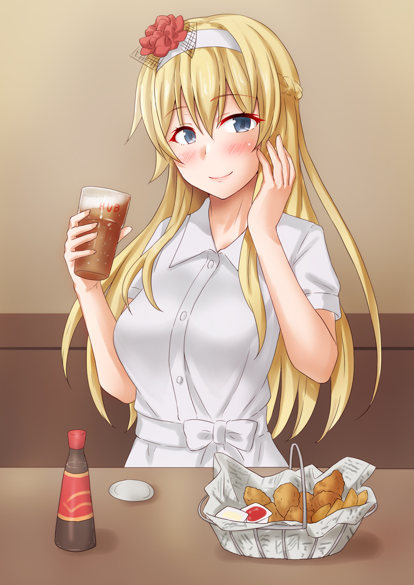 1girl anti_(untea9) dress eating highres kantai_collection official_alternate_costume sauce sitting solo warspite_(kancolle) white_dress