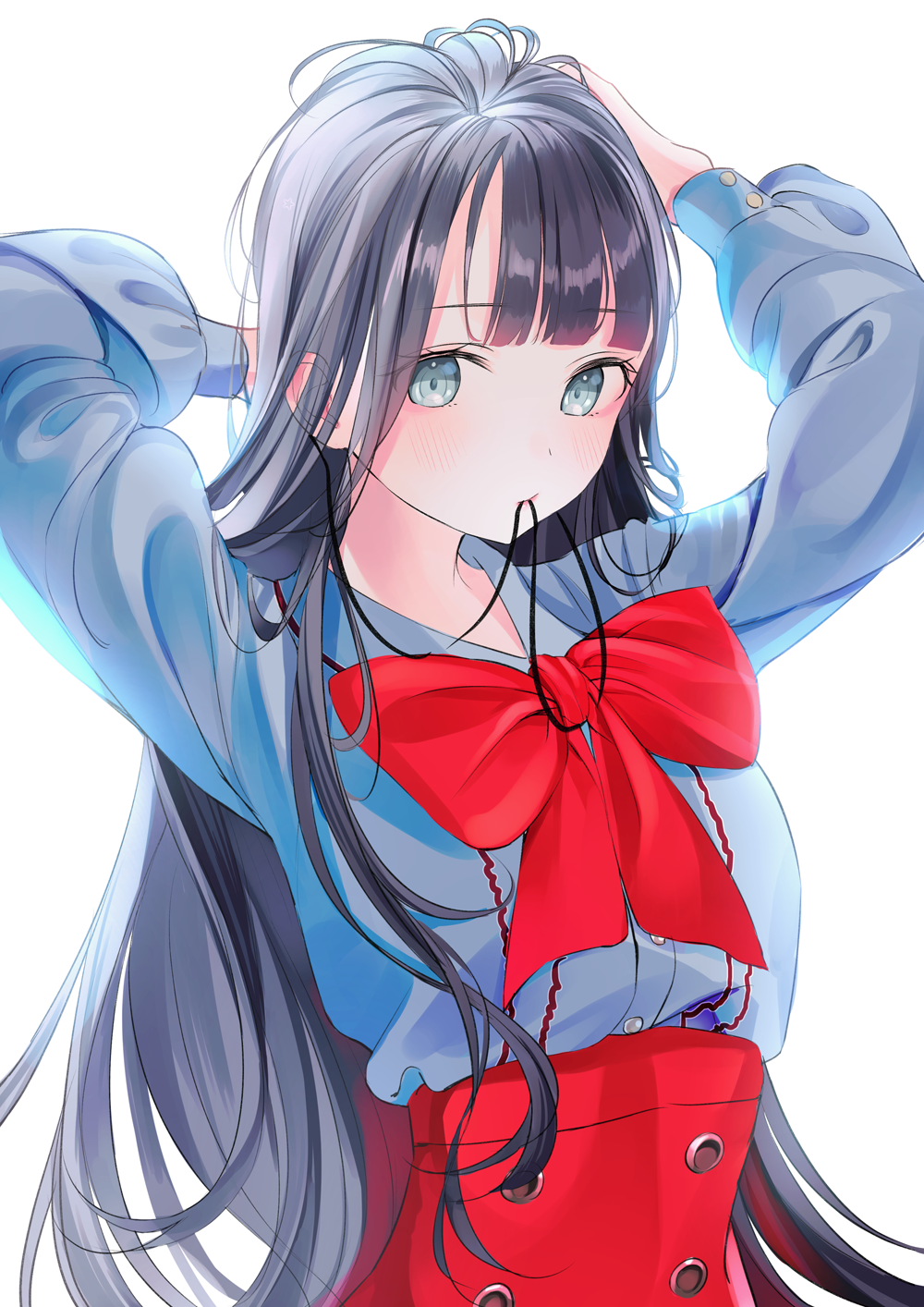 1girl black_hair closed_mouth eyebrows_visible_through_hair green_eyes hair_tie highres hime_cut long_hair looking_at_viewer mouth_hold nabi_(uz02) original ribbon school_uniform simple_background solo very_long_hair white_background