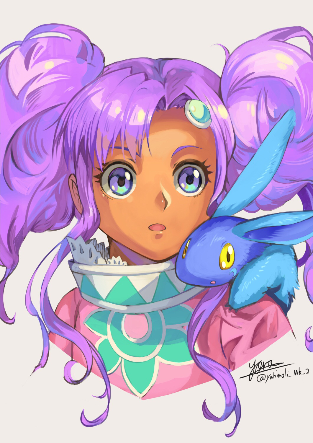 1girl blue_eyes creature creature_on_shoulder dark_skin forehead_jewel grey_background highres looking_to_the_side medium_hair meredy_(tales) multicolored_eyes on_shoulder pink_shirt purple_hair quickie shirt signature simple_background tales_of_(series) tales_of_eternia twintails twitter_username upper_body violet_eyes yellow_eyes yora