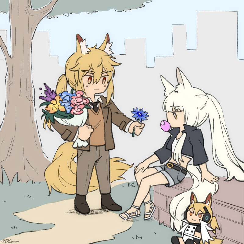 2girls animal_ear_fluff animal_ears arknights belt black_belt black_footwear black_jacket blonde_hair blue_flower bouquet brick brown_jacket brown_sweater_vest character_doll chewing_gum chibi collared_shirt cropped_shirt dlanon flower formal full_body grey_pants grey_shorts hair_between_eyes hand_on_own_knee holding holding_bouquet holding_flower horse_ears horse_girl horse_tail jacket long_hair multiple_girls nearl_(arknights) nearl_the_radiant_knight_(arknights) official_alternate_costume open_clothes open_jacket outdoors pants path pink_flower ponytail purple_flower sandals shirt shorts sidelocks sitting sweater_vest tail tree twitter_username very_long_hair white_footwear white_hair white_shirt yellow_eyes yellow_flower yuri