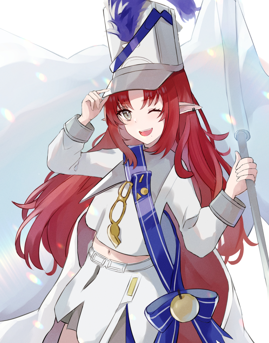1girl ;d apple arknights blue_sash cowboy_shot cropped_shirt ear_piercing flag food fruit golden_apple green_eyes hand_on_headwear hands_up hat hat_feather highres holding holding_flag long_sleeves looking_at_viewer midriff multico myrtle_(arknights) myrtle_(light_gold_celebration)_(arknights) navel official_alternate_costume one_eye_closed piercing pointy_ears sash shirt skirt smile solo teeth upper_teeth white_headwear white_shirt white_skirt