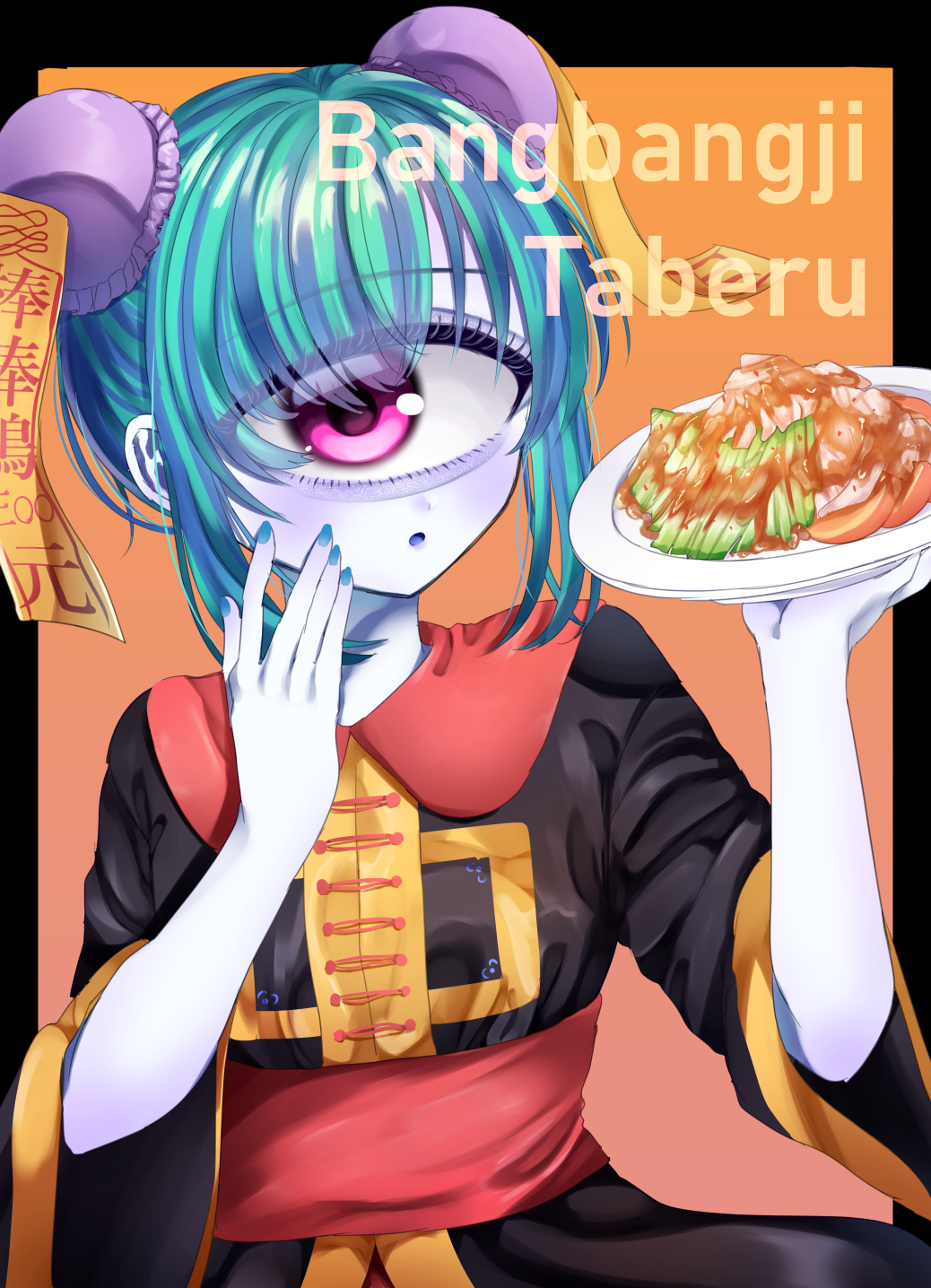 1girl :o azen_(mntimcczgrtn) bangs blue_eyes blush bun_cover chicken_(food) chinese_clothes chinese_food colored_skin cyclops double_bun eyeshadow food hand_on_own_cheek hand_on_own_face highres holding holding_food looking_at_viewer makeup monster_girl multicolored_hair nail_polish ofuda one-eyed original pink_eyes purple_skin sauce solo streaked_hair wide_sleeves