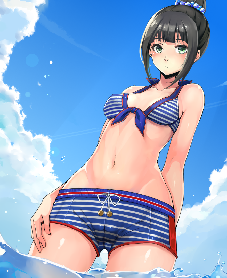 1girl arm_behind_back bangs bikini bikini_shorts black_hair blue_bikini blue_sky blunt_bangs breasts closed_mouth clouds cloudy_sky commentary_request cowboy_shot day front-tie_bikini front-tie_top frown green_eyes hair_bobbles hair_bun hair_ornament halterneck hamaguchi_ayame hand_on_hip idashige_(walkietalkie) idolmaster idolmaster_cinderella_girls looking_at_viewer navel outdoors short_hair shorts sidelocks sky small_breasts solo standing striped striped_bikini swimsuit wading water