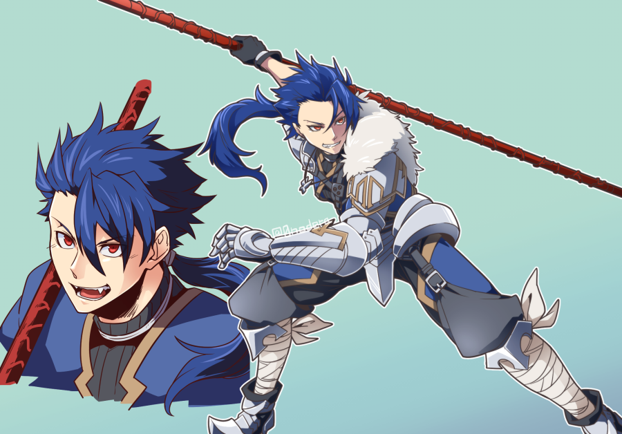 0nodera 1boy bandaged_leg bandages blue_hair cu_chulainn_(fate) cu_chulainn_(fate/prototype) fangs fate/prototype fate_(series) floating_hair full_body gae_bolg_(fate) gauntlets gloves grin holding holding_polearm holding_weapon jewelry long_hair male_focus multiple_views necklace open_mouth pants polearm ponytail red_eyes smile solo spiky_hair weapon