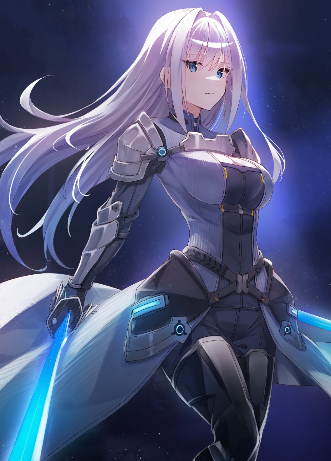 .com 1girl armor blue_eyes breast_tattoo breasts ethel_(xenoblade) highres holding holding_sword holding_weapon large_breasts long_hair shoulder_armor solo sword tattoo very_long_hair weapon xenoblade_chronicles_(series) xenoblade_chronicles_3