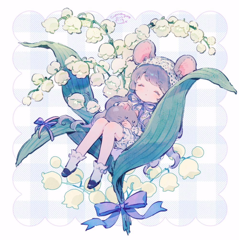 1girl animal animal_ears cat closed_eyes conago flower frills grey_hair holding holding_animal holding_cat lace lily_of_the_valley long_hair minigirl mouse_ears mouse_tail neck_ribbon original purple_ribbon ribbon romper sitting sleeping tail tail_ornament tail_ribbon