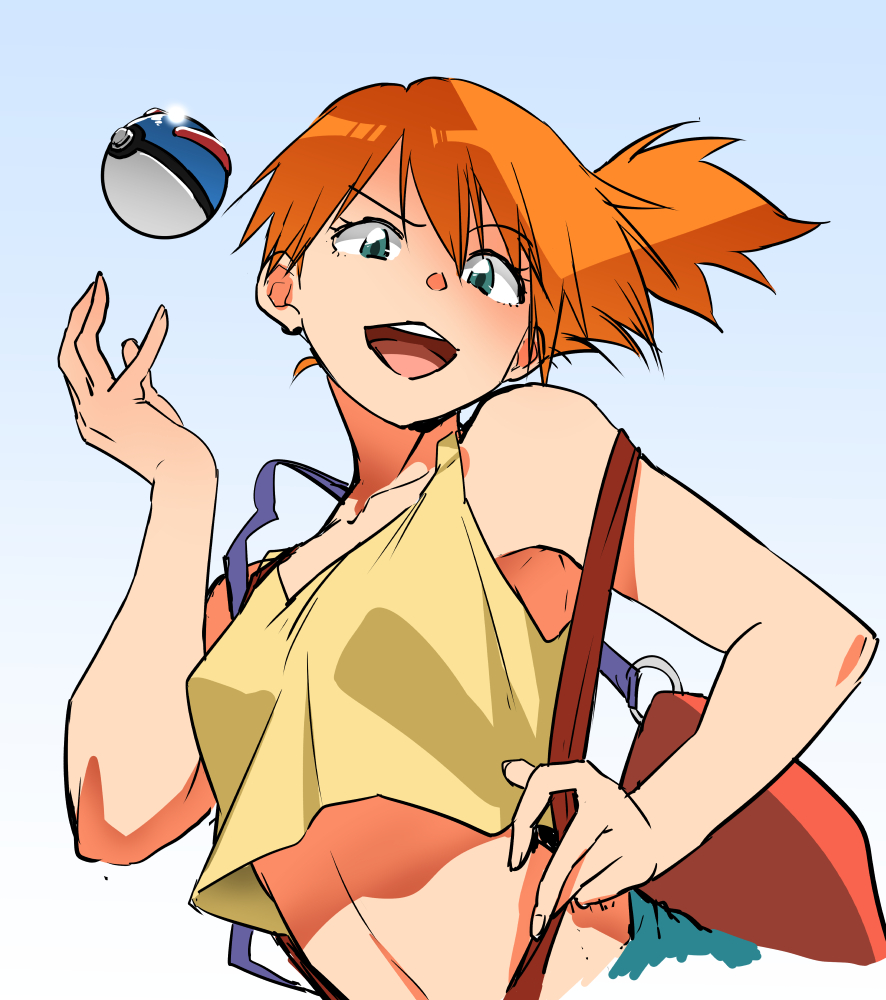 1girl armpits asymmetrical_hair bag bangs bare_arms bare_shoulders collarbone cropped_shirt cropped_torso eyebrows_visible_through_hair eyelashes fingernails great_ball green_eyes hair_between_eyes hand_up henriiku_(ahemaru) leaning_forward looking_at_viewer medium_hair midriff misty_(pokemon) open_mouth orange_hair parted_bangs poke_ball pokemon pokemon_(anime) pokemon_(classic_anime) pulled_by_self raised_eyebrow shirt shoulder_bag side_ponytail sleeveless sleeveless_shirt smile smug solo stomach suspenders suspenders_pull upper_body