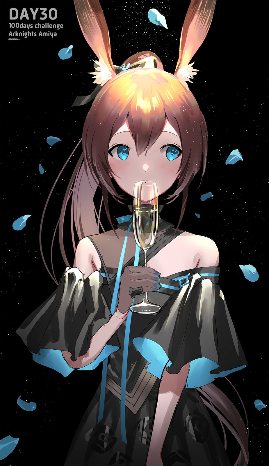 1girl amiya_(arknights) arknights black_background black_dress black_gloves blue_eyes blue_nails brown_hair champagne_flute character_name clothing_cutout copyright_name cup dress drinking_glass gloves hair_between_eyes hand_up highres holding holding_cup light_blush long_hair looking_to_the_side makkuro official_alternate_costume petals ponytail see-through_gloves short_sleeves shoulder_cutout simple_background solo straight-on