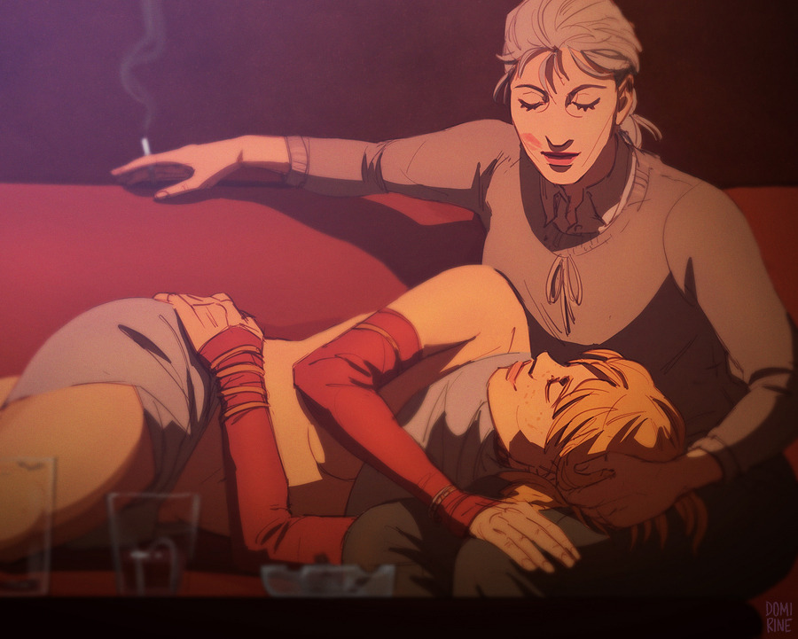 2women blonde_hair blue_scarf cigarette couch domirine eva_yan grey_sweater head_in_lap humbles laying_on_person lipstick_mark on_side pathologic pathologic_2 red_sleeves utopians white_shirt yulia_lyuricheva