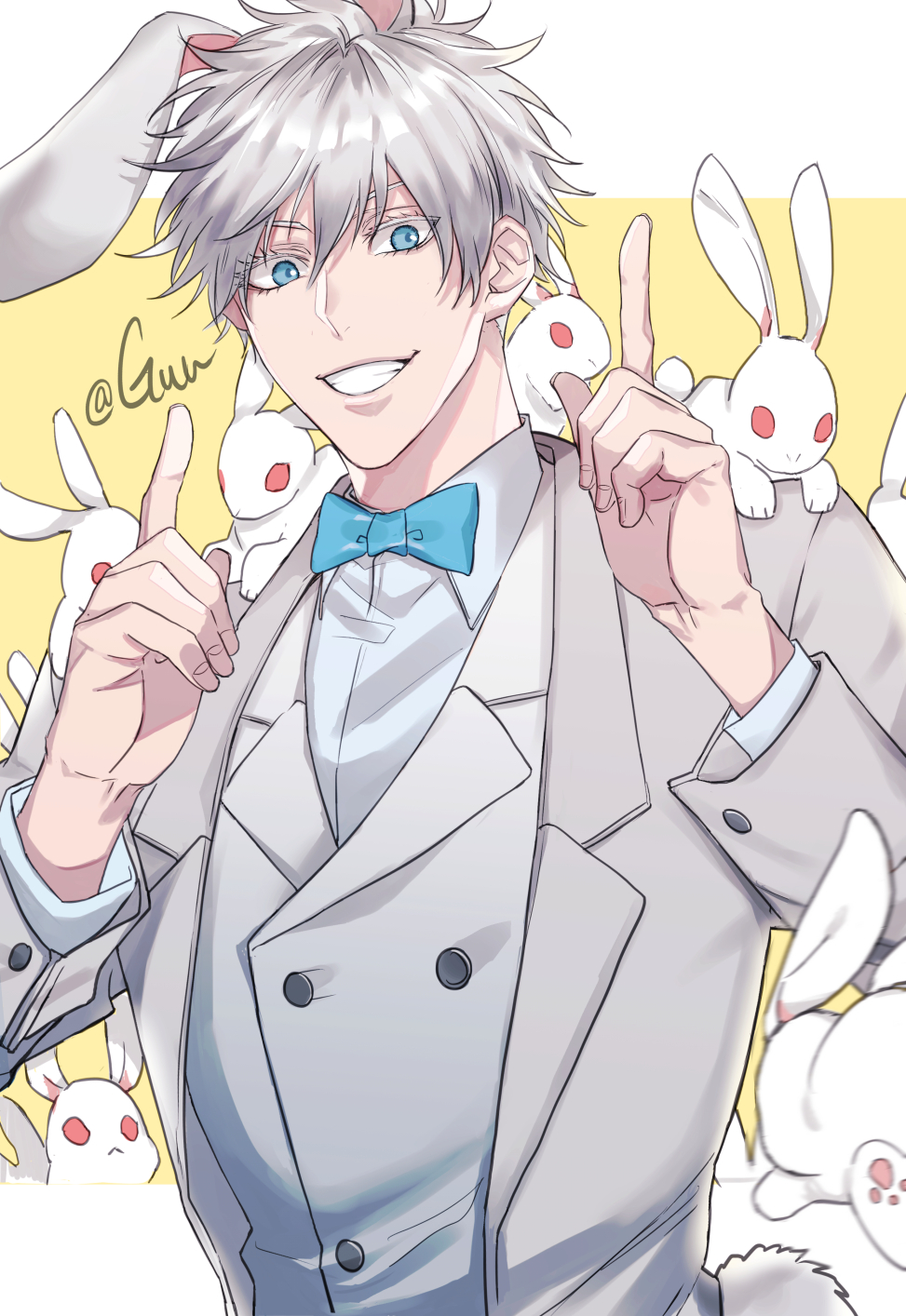 1boy animal animal_ears bangs blue_bow blue_bowtie blue_eyes bow bowtie buttons formal gojou_satoru grin guuchun hair_between_eyes highres index_finger_raised jacket jujutsu_kaisen long_sleeves looking_at_viewer male_focus rabbit rabbit_ears rabbit_tail shirt short_hair smile solo suit tail teeth too_many too_many_rabbits upper_body vest white_hair white_jacket white_shirt white_suit white_vest