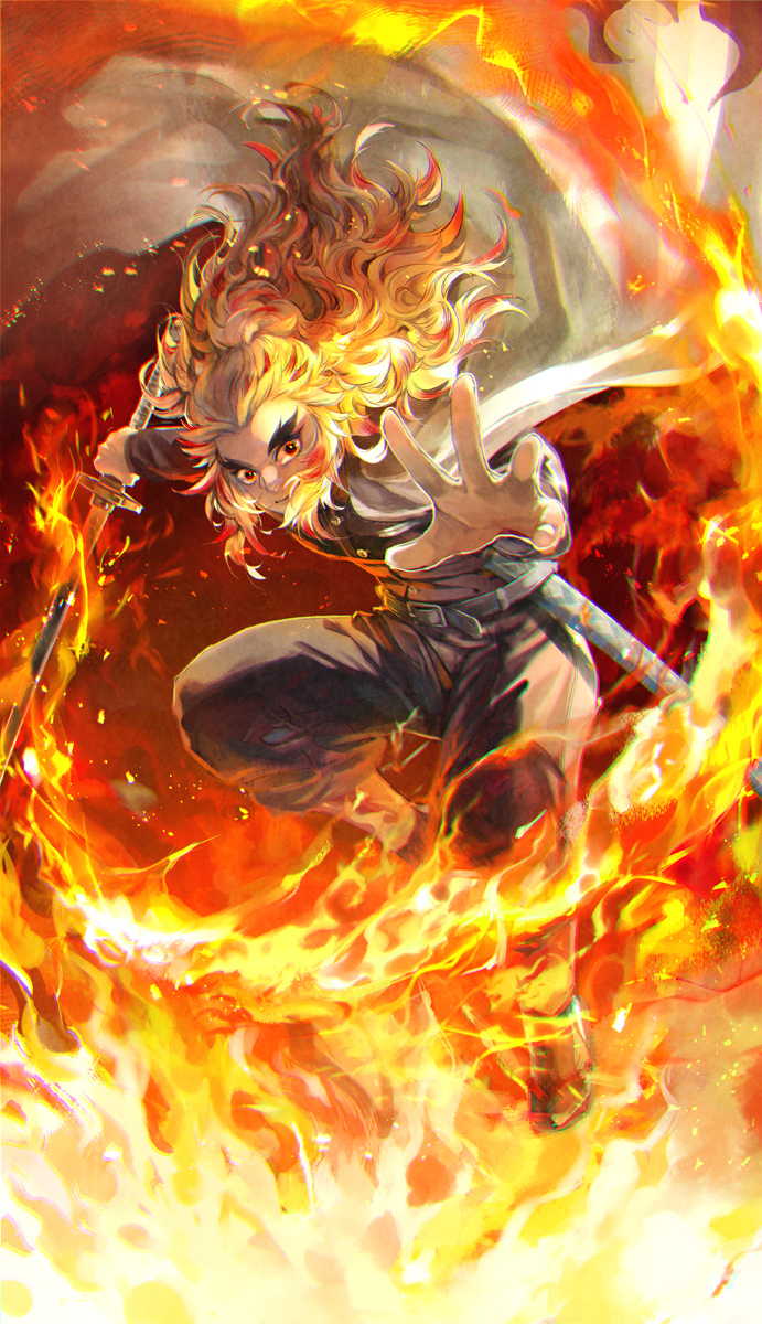 1boy ashes belt black_jacket black_pants blonde_hair cape closed_mouth colored_tips demon_slayer_uniform fire flame_print flaming_sword flaming_weapon floating_hair forked_eyebrows full_body highres holding holding_sword holding_weapon jacket jumping katana kimetsu_no_yaiba light_smile long_hair long_sleeves looking_at_viewer mak_(kainemaru) male_focus motion_blur multicolored_hair outstretched_arm outstretched_arms pants print_cape reaching_out redhead rengoku_kyoujurou scabbard sheath shin_guards sidelocks slashing solo streaked_hair sword tabi unsheathed weapon white_cape zouri