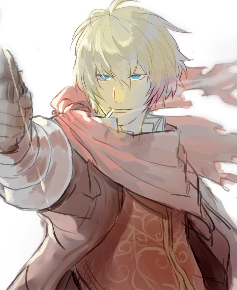 1boy billy_the_kid_(fate) blonde_hair blue_eyes brown_jacket cigarette cowboy cowboy_western english_commentary fate/grand_order fate_(series) gauntlets gun handgun holding holding_weapon jacket male_focus older ororooops pistol red_scarf revolver scarf simple_background smile smoking weapon white_background