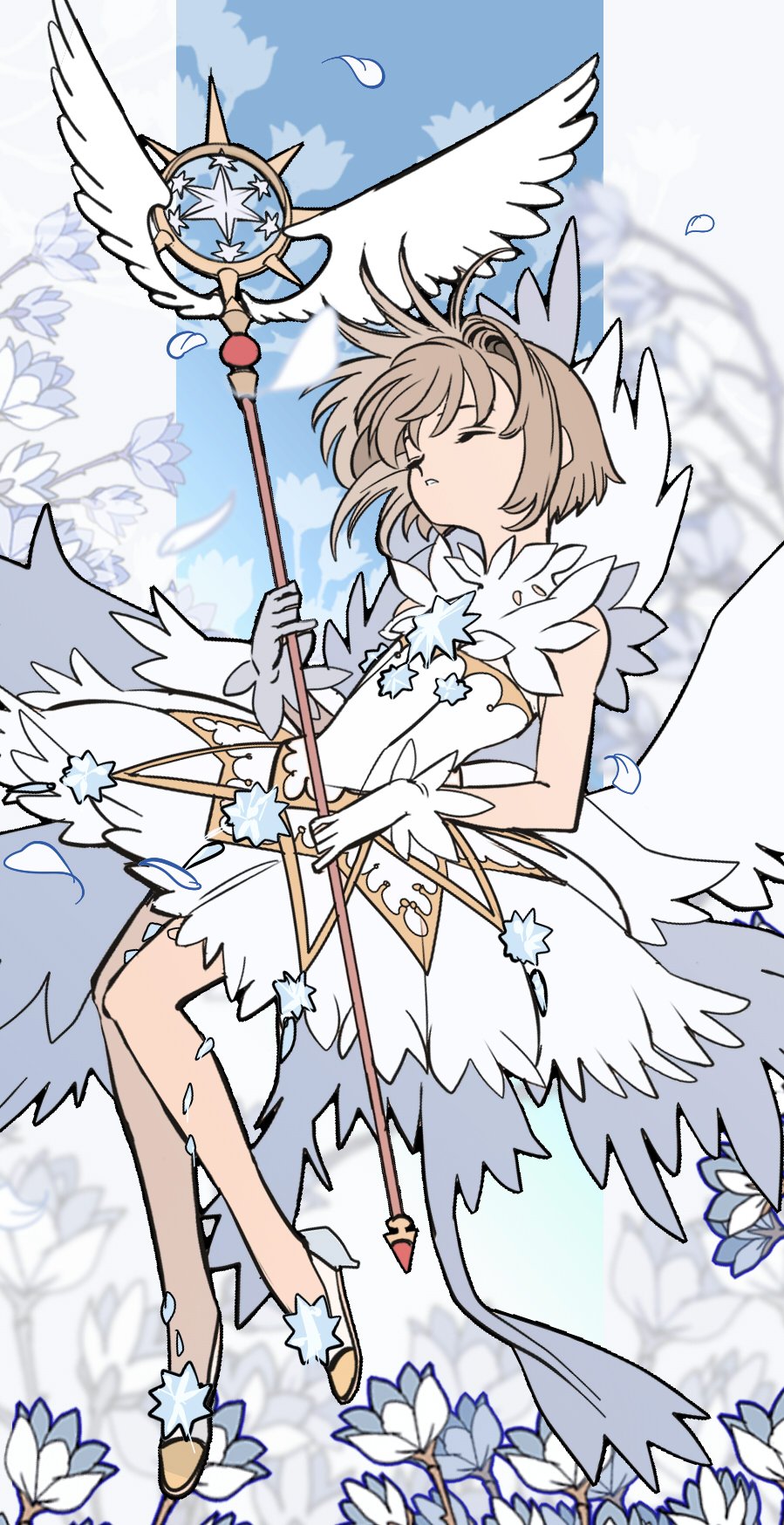 1girl brown_hair cardcaptor_sakura child closed_eyes edoya_inuhachi flower gloves highres kinomoto_sakura magical_girl solo white_flower white_gloves white_petals wings