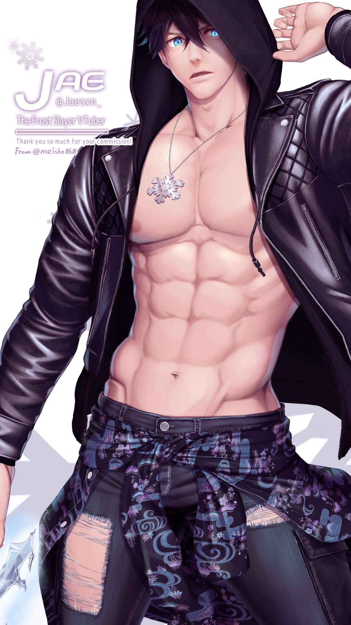 1boy abs bare_pectorals black_hair blue_eyes boots character_request clothes_around_waist collared_shirt commission crystal_sword denim highres hood hoodie ice jacket jeans jewelry leather leather_jacket looking_to_the_side male_focus meishou_(cantabile1222) messy_hair muscular muscular_male navel necklace nipples open_mouth pants pectorals shirt shirt_around_waist snowflakes solo sword text_focus tight torn_clothes virtual_youtuber weapon