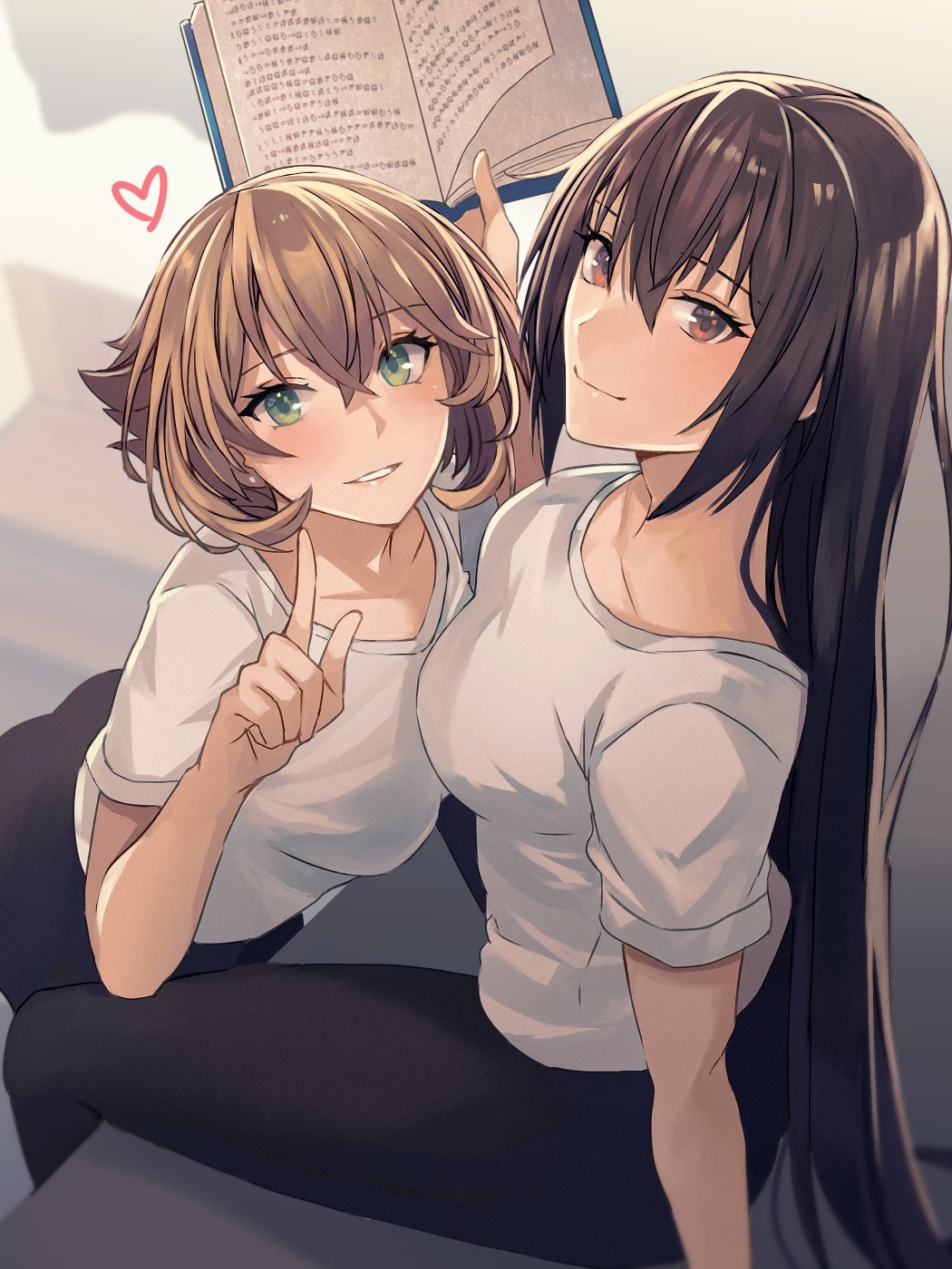 2girls alternate_costume black_hair black_pants book breasts brown_hair casual closed_mouth collarbone green_eyes hair_between_eyes heart highres holding holding_book index_finger_raised kantai_collection kasumi_(skchkko) kneeling large_breasts long_hair looking_at_viewer multiple_girls mutsu_(kancolle) nagato_(kancolle) open_book pants parted_lips red_eyes shirt short_hair sitting smile spread_legs white_shirt