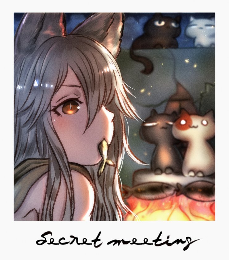 1girl animal_ears binik_ex cat cursive eating engliah erune fire fish granblue_fantasy grey_hair hair_between_eyes long_hair multiple_cats orange_eyes sen_(granblue_fantasy) slit_pupils