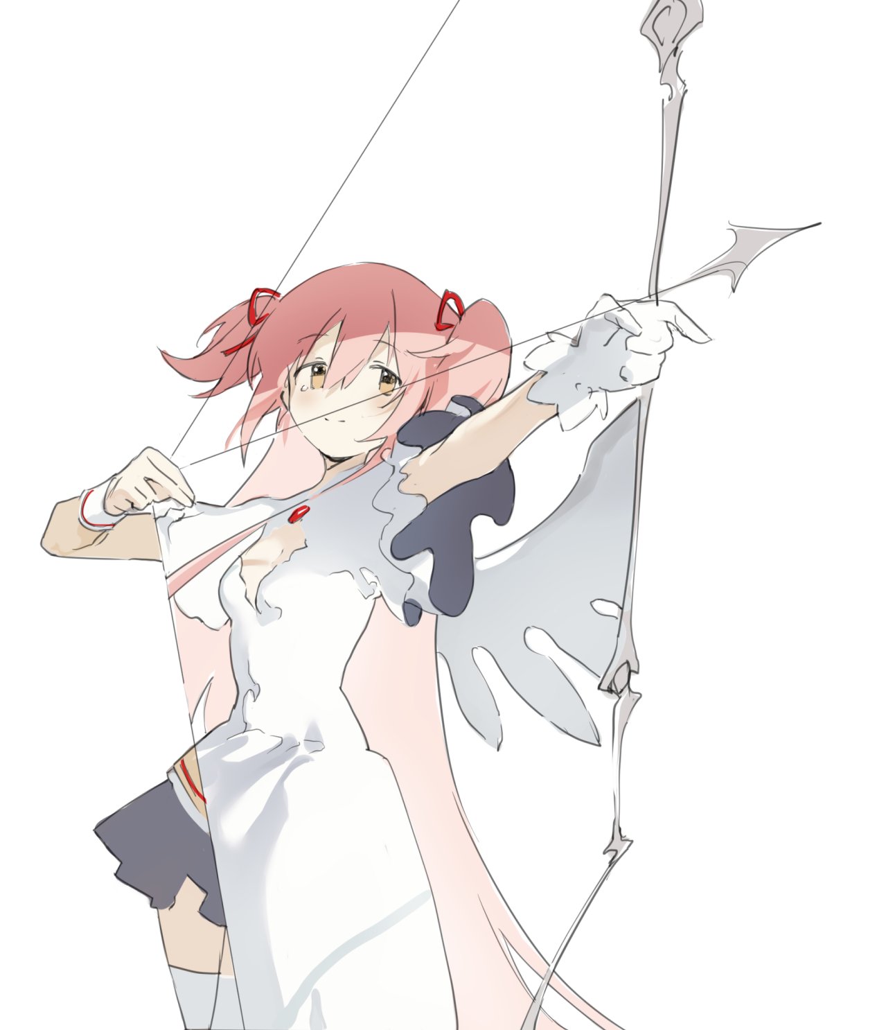 1girl bow_(weapon) cleavage_cutout clothing_cutout dress frilled_dress frills gloves goddess_madoka highres kaname_madoka kurumi_(recycllamo) long_hair magical_girl mahou_shoujo_madoka_magica mitakihara_school_uniform pink_hair school_uniform short_twintails solo twintails weapon white_dress white_gloves wings yellow_eyes